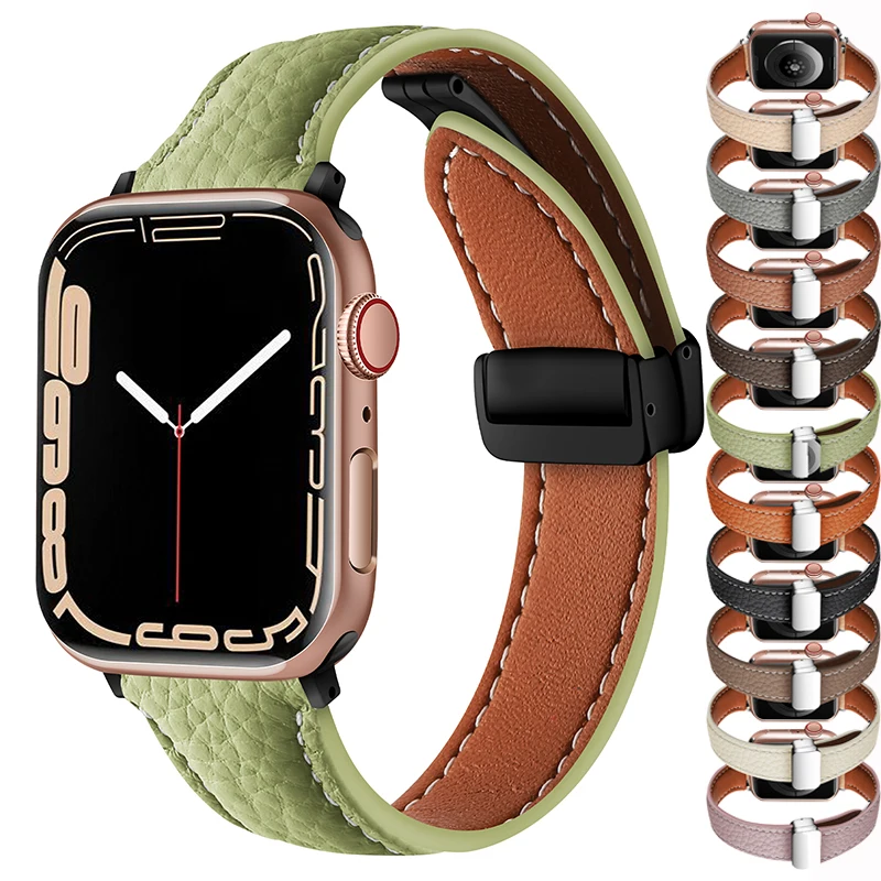 

Leather strap Magnetic Buckle Band For Apple Watch 45mm 41mm 40mm 49mm Original Loop bracelet iWatch Series Ultra 3 SE 6 7 Strap