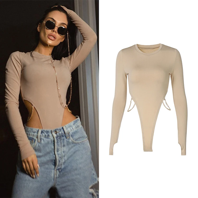 

2021 Spring Summer O-Neck Solid Hollow-Out Skinny Bodysuit Long Sleeve Women Sexy Bodysuits With Chains, Khaki