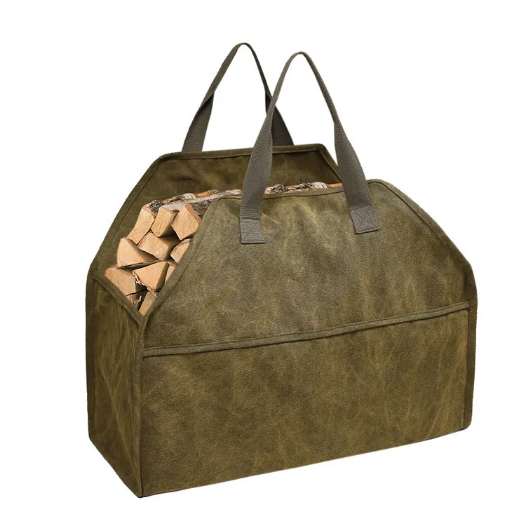 

Durable Waxed Canvas Firewood Log Carrier Tote Bag with Leather Handles for Fireplaces & Wood Stoves