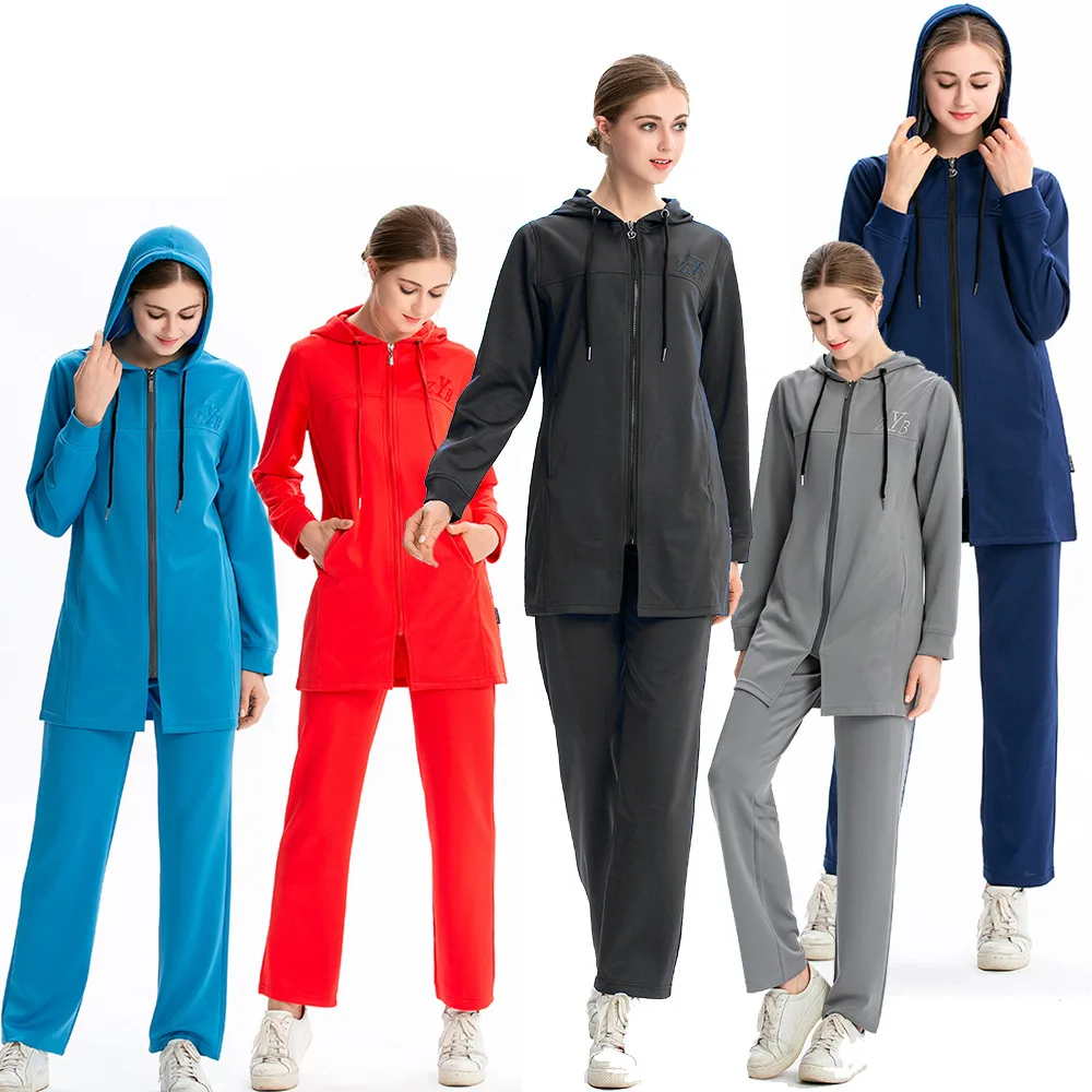 2019 Latest design Wholesale muslim 5 colors woman wear zipper hoodie muslim one set sportswear islamic clothing jilbab