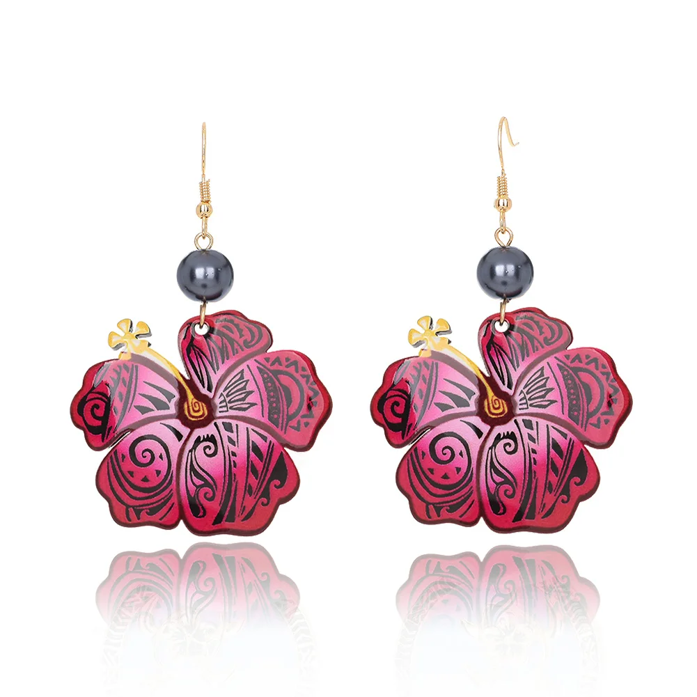 

SophiaXuan Holiday Acrylic Earrings Pearl Dangling Flower Print Women Hawaiian Earrings, Red