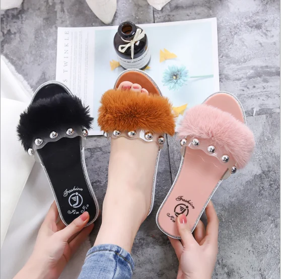 

Popular Plush anti-skid slippers women's flip flop outdoor wear indoor women's casual sandals, Black,pink,brown