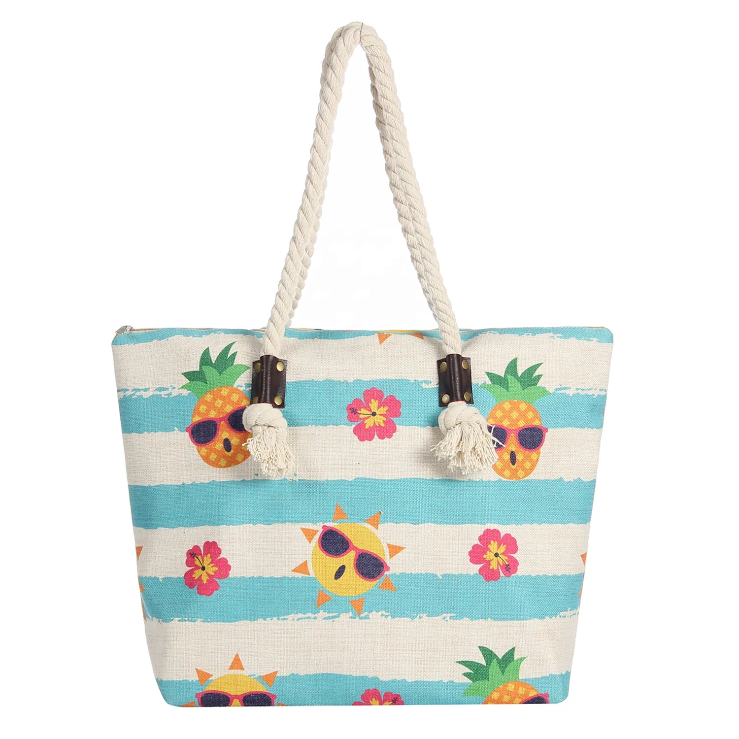 
Custom pattern polyester tote beach bag with cotton rope 