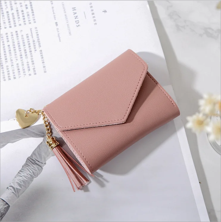 

2020 Trendy Love Gifts Portable Fold Over Coin Purse Leather Short Wallet Purse Card Holder Tassel Cute Little Wallet For Ladies, Purple/ light pink/ dark pink/ grey/ black