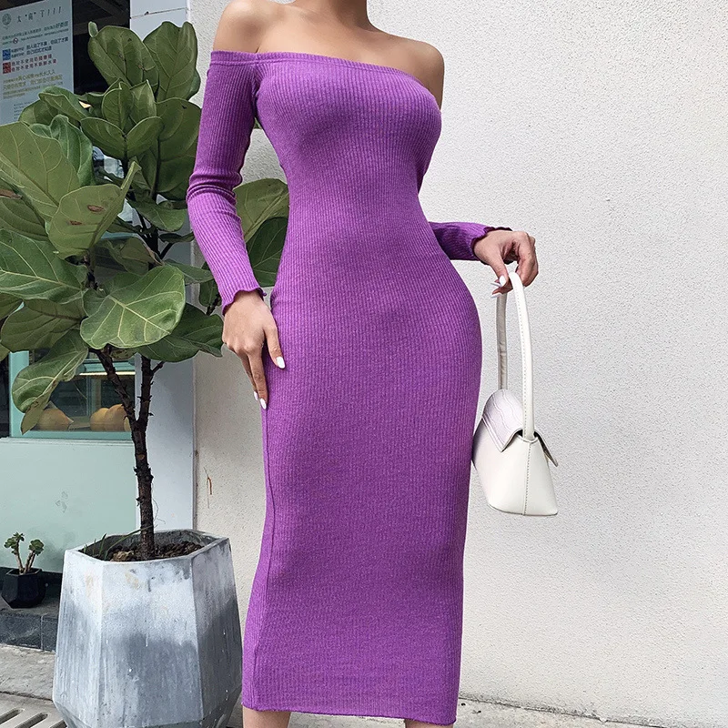 

Wholesale new trendy winter clothes for women rib slash neck temperament sexy package buttocks casual dresses, Photo shows