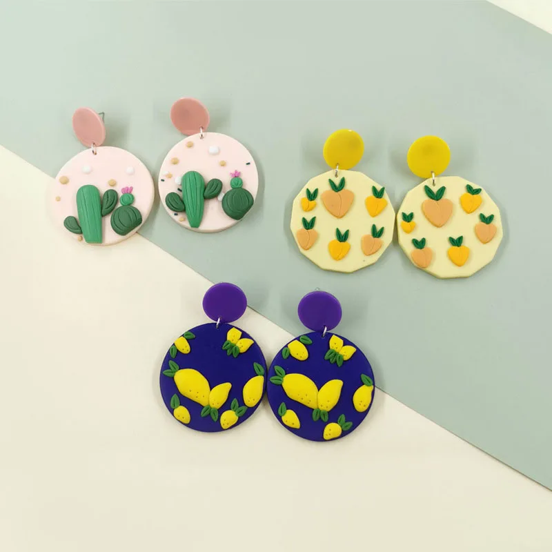 

Shangjie OEM joyas Ins Fashion earings for women 2021 Summer Fruit Geometric Earrings Jewelry Cute Cactus Resin Clay Earrings