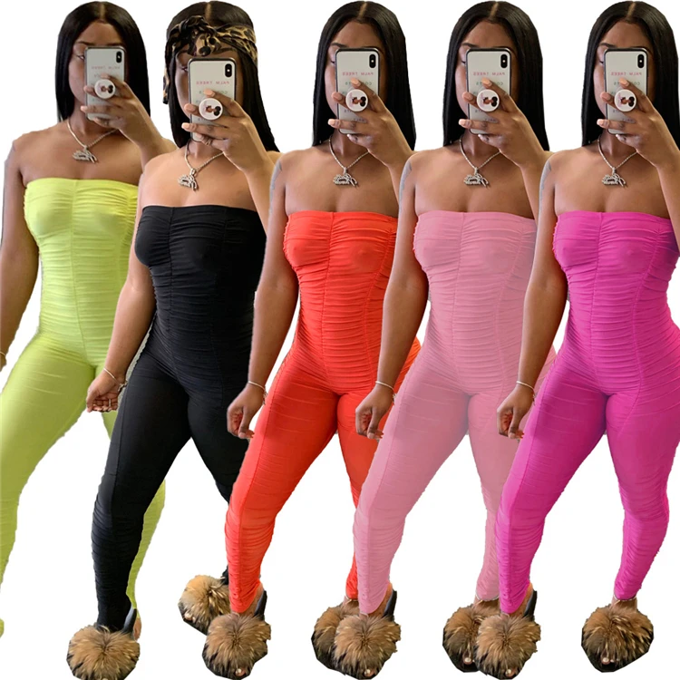

D94685 Women's bodysuit jumpsuit off shoulder fashion sexy breast pleated jumpsuit