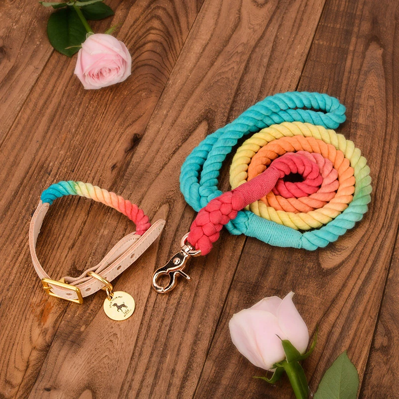 

Custom Logo Tag Leather Dog Collars And Leads Rainbow Design Cotton Braid Hemp Dog Collar Leash, Multicolor