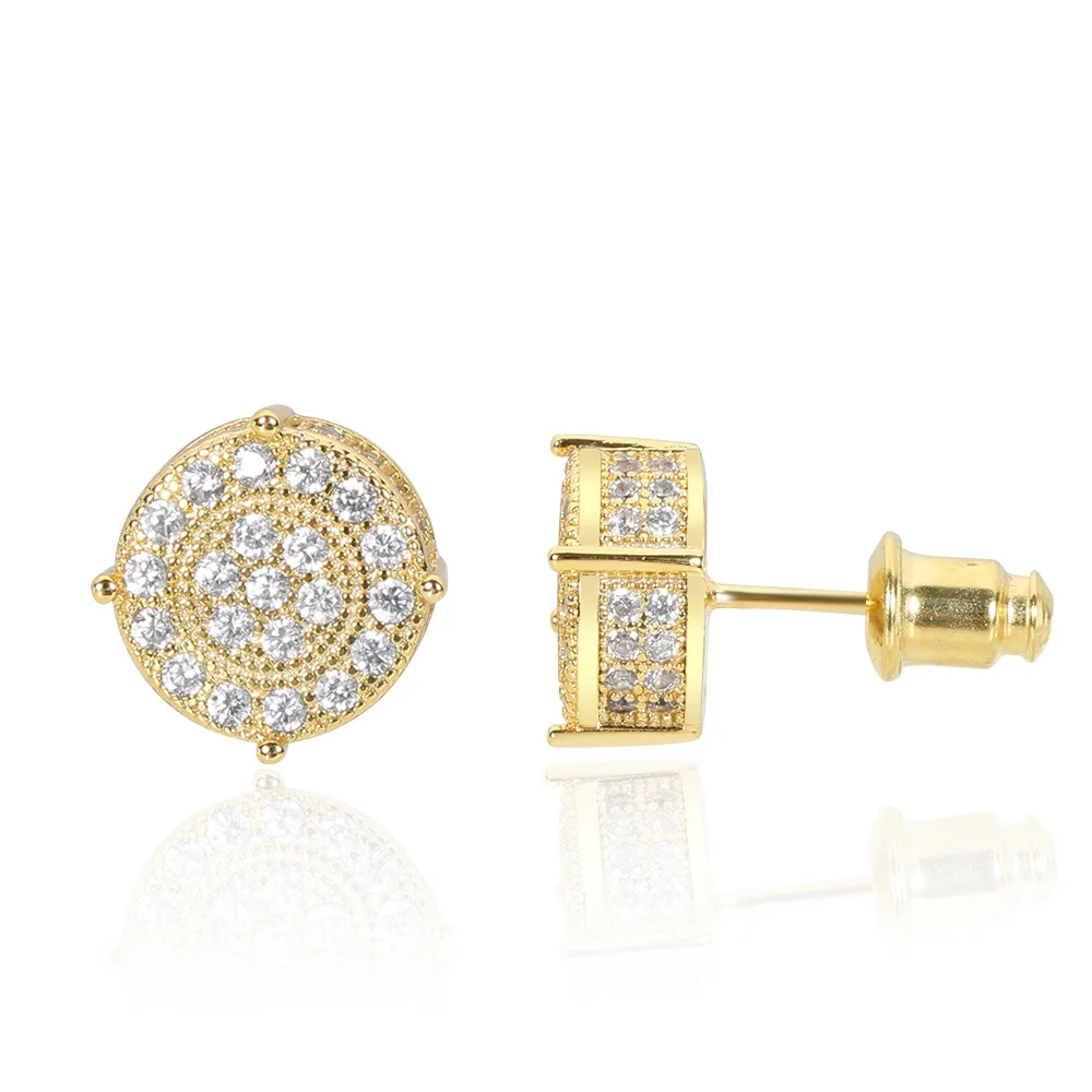 

2021 New Trend For Men Hip Hop Jewelry Round Stud Earrings Iced Out CZ Cubic Zirconia Earrings Classical Square Stud Earrings, Yellow gold/white gold