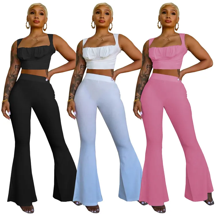 

LXE1196 Trendy Ladies Casual Clothes Camisole Tops Flare Pants Summer 2 Piece Set For Women, Picture shown