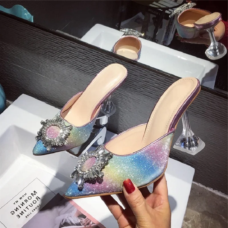 

Crystal Women Pumps Sandals Elegant Pointed Toe Rhinestone High Heels Shoes Bling Crystal Perspex Spike Heeled Mule