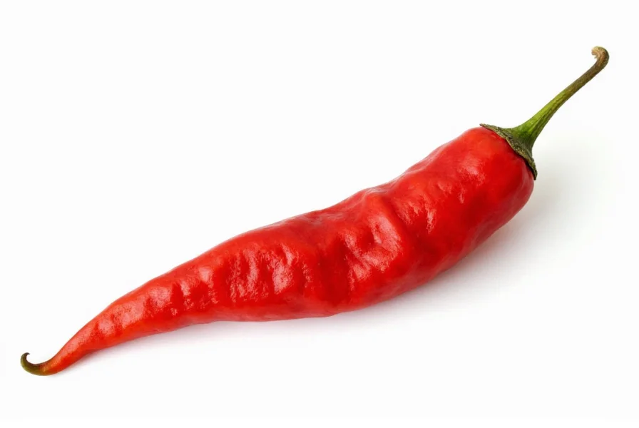 Close-up photograph of Pepper X chili showing its distinctive stinger tail and bumpy red skin texture against a white background