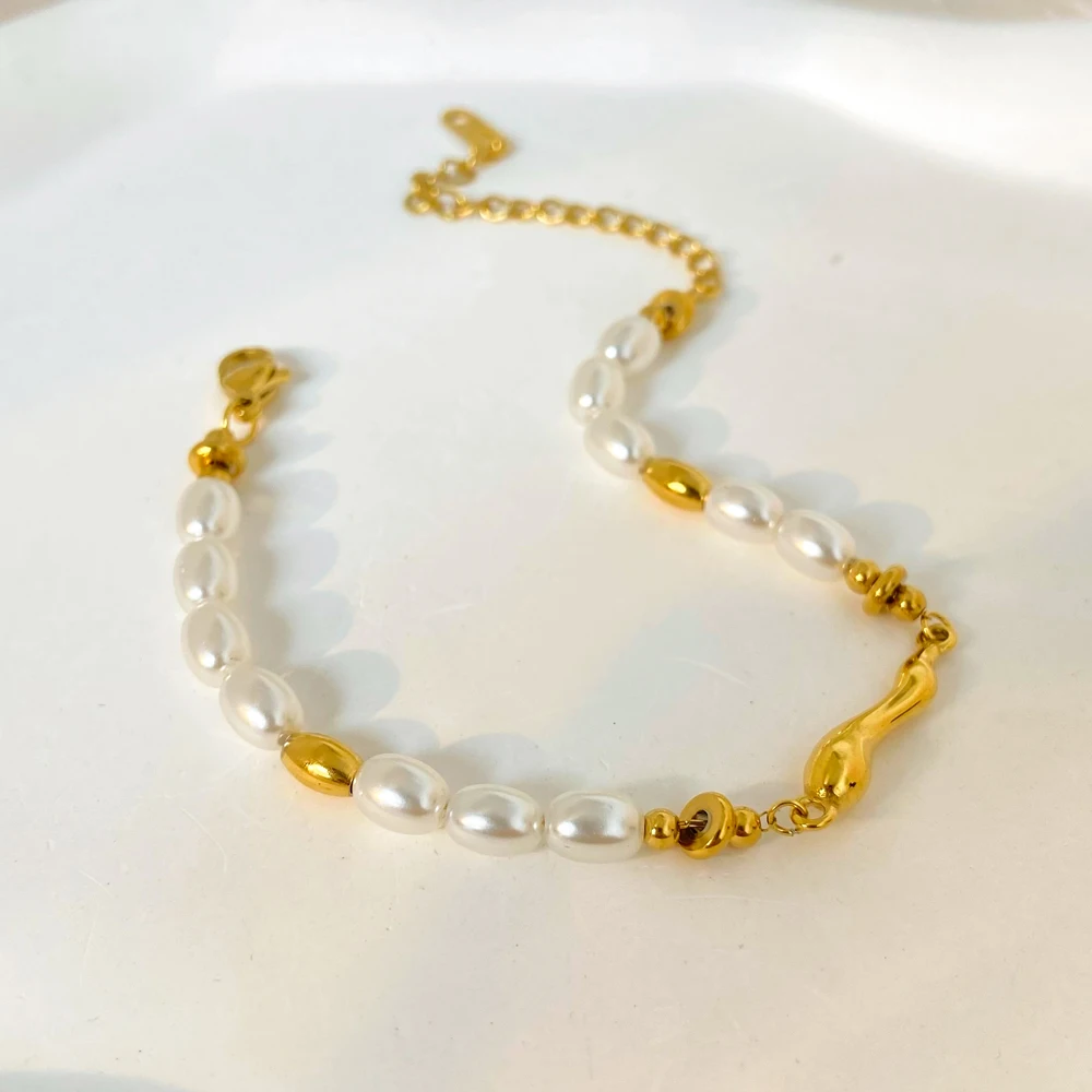 New Fashionable INS Style 18k Stainless Steel Inlaid Pearl Shaped Water Drop Casting Retro Hand Bracelet