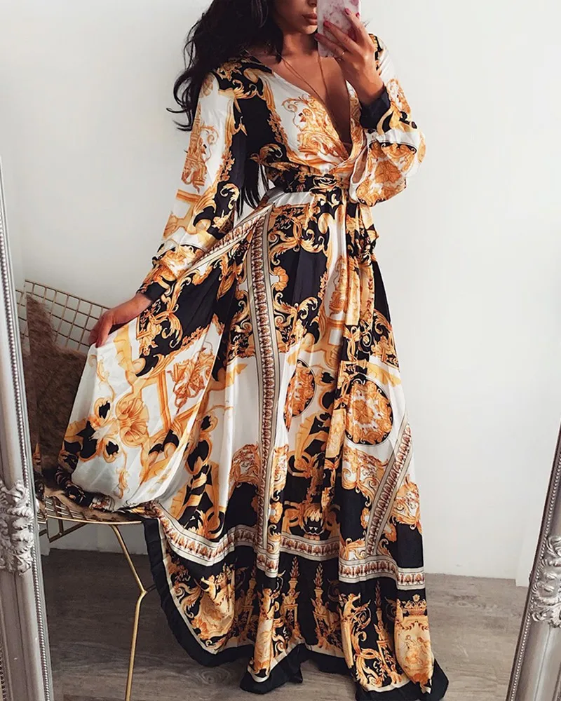 

Boho Style Summer Long Sleeve V-Neck Holiday Maxi Loose Sundress Floral Printed Ruffle Elegant Long Dress, Shown