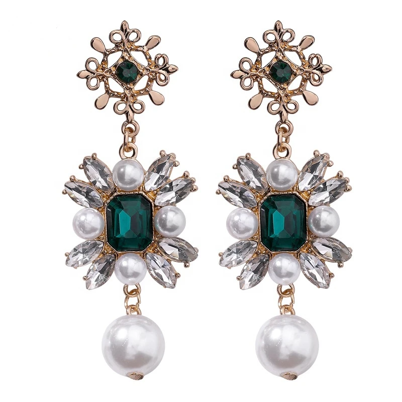 

Jachon Luxury Emerald Earrings Graceful Pearl Dangle Jewelry Baroque Women Statement Earrings