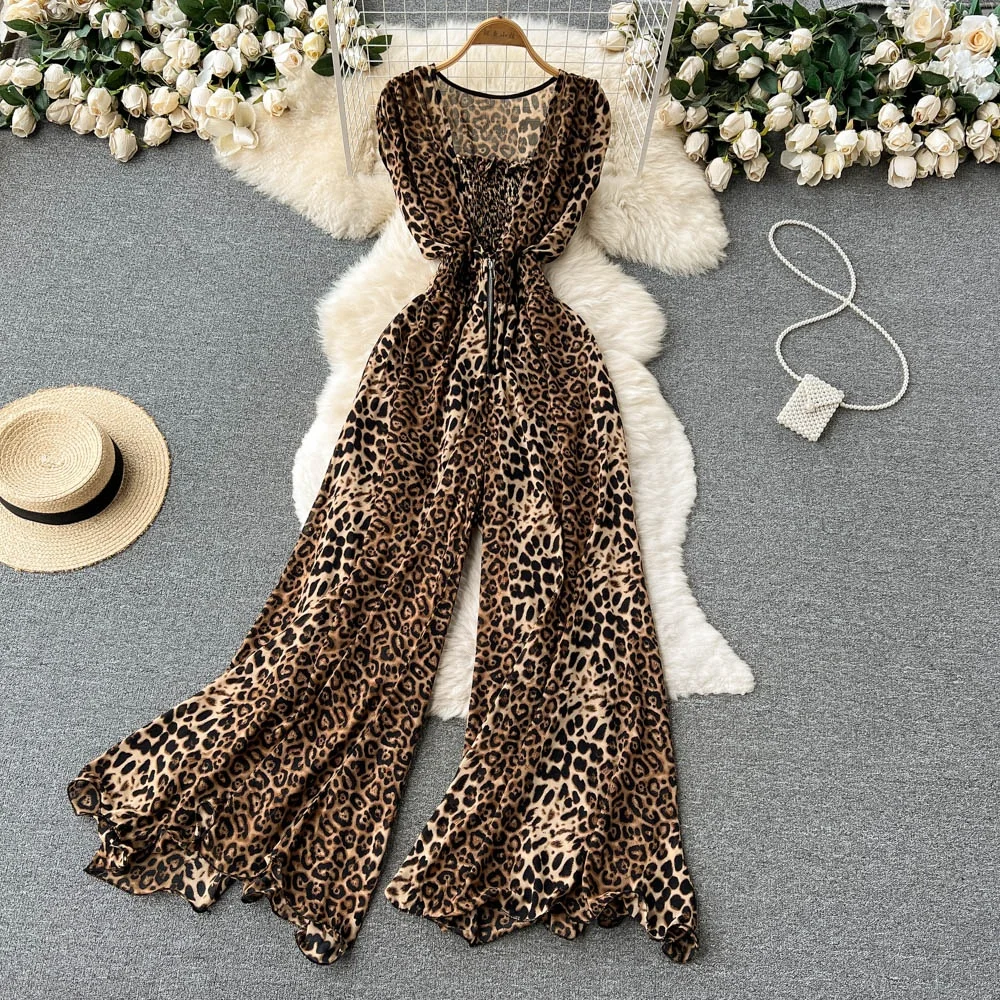 

Women Square Neck Sleeveless Summer New Waisted Loose Wide Leg Pants Leopard Print Jumpsuit