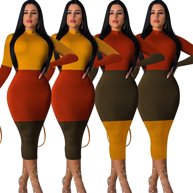 

2020 Autumn New Fashion Mid-Collar Long Sleeve Bodycon Fashion Dress Women Fall Clothes