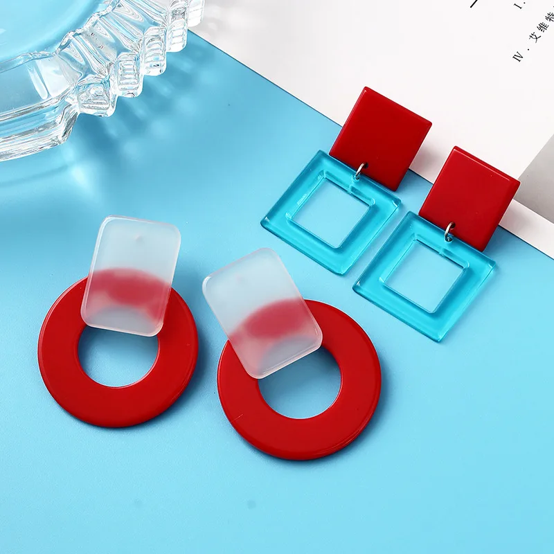 

New Products Women's Atmosphere All-match Blue Red Four Side Round Earrings Acrylic Earrings, As picture show