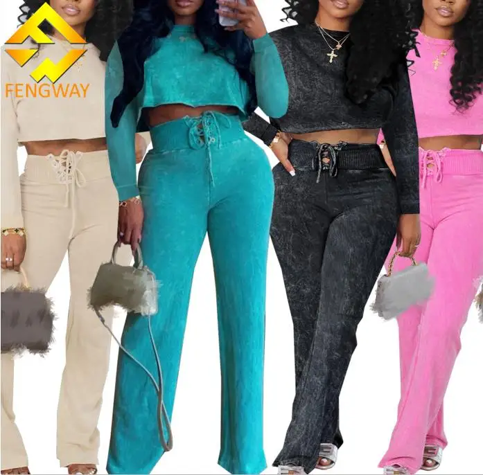 Fall Winter Women Tie Dye Print 2 Piece Set Long Sleeve Sweatshirt +Lace up High Waist Jogger Pants Matching Tracksuits