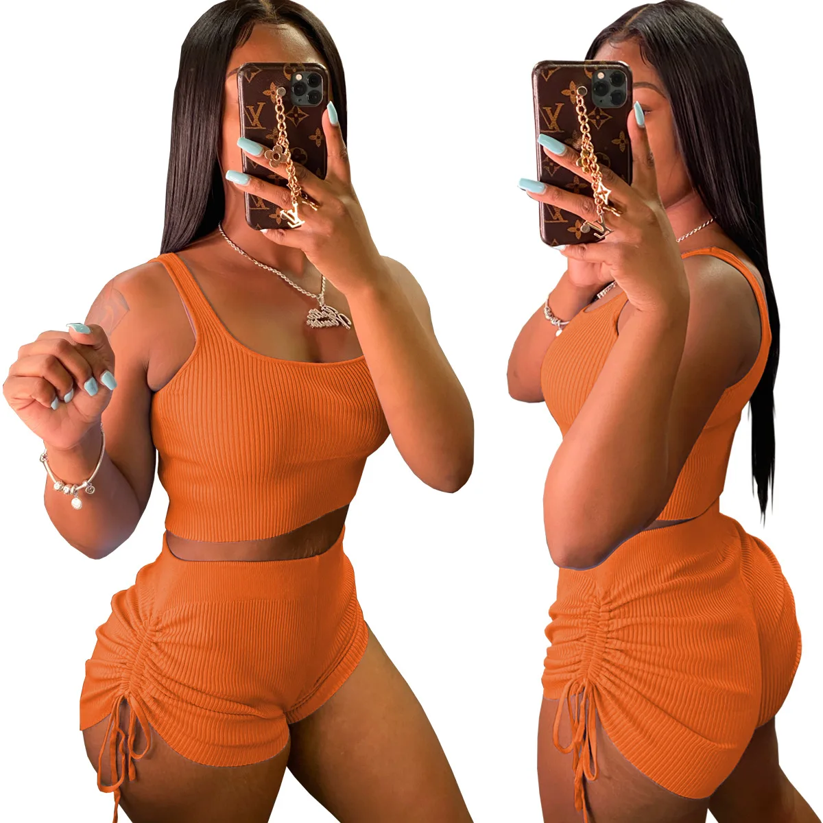 

Custom logo Casual Women Two Piece Set Summer Drawstring Crop Tank Top Short Pants Sport suit Clothes For Women