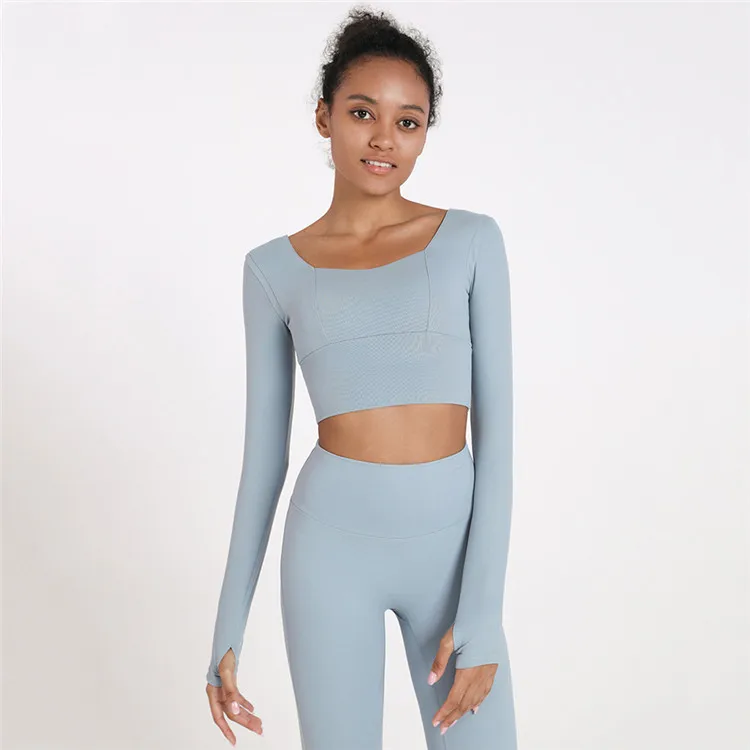 

Gym Shirts Workout Women Solid Yoga Top Sports Long Sleeve, Light blue,brown,blue,black