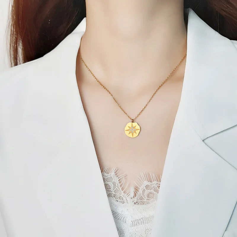 

Real 18K Gold Plated Stainless Steel Cion Pendant Necklace CZ Rhinestone Crystal Sun Flower Pendant Necklace, Picture color