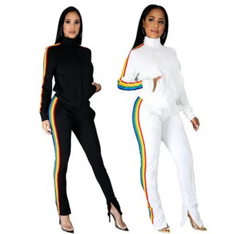 

Fall 2021 women clothes Custom logo color contrast long sleeve women sweatsuit set tracksuit two piece set tracksuits