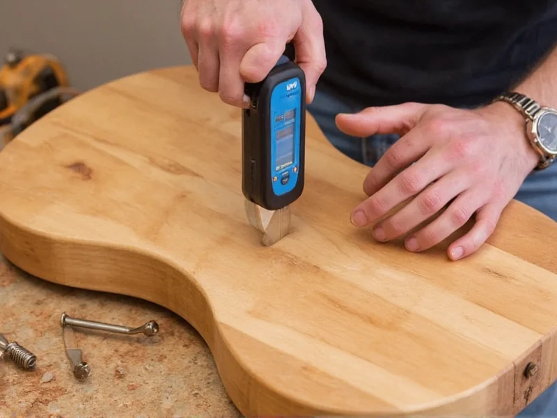 Moisture meter checking reclaimed wood for guitar building