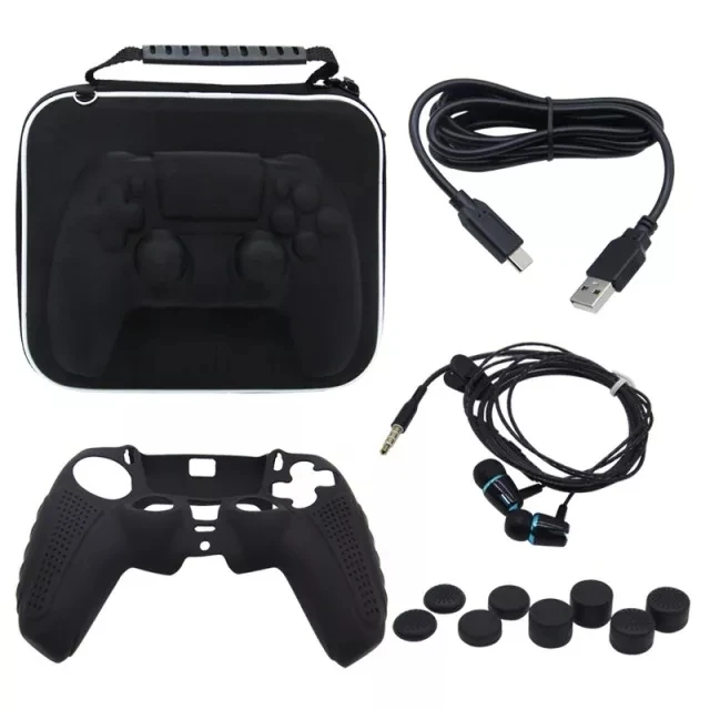 

12 in 1 PS5 controller Storage Bag Set PS5 Silicone Protective Cover, Charging Cable, Earphone 8 cover for ps5 game device, Black