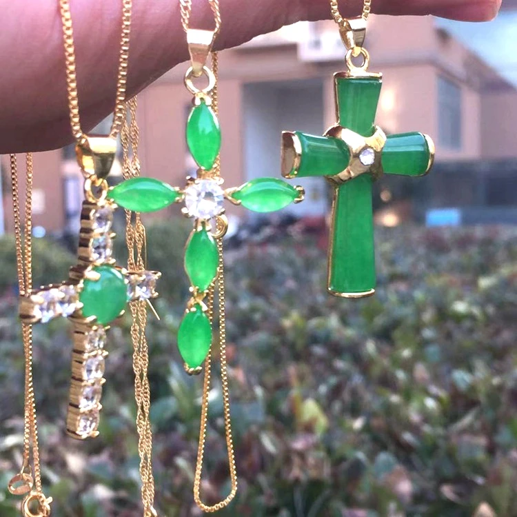 

Jialin wholesale Chinese jade gemstone original natural real green jade cross pendants necklace with chain