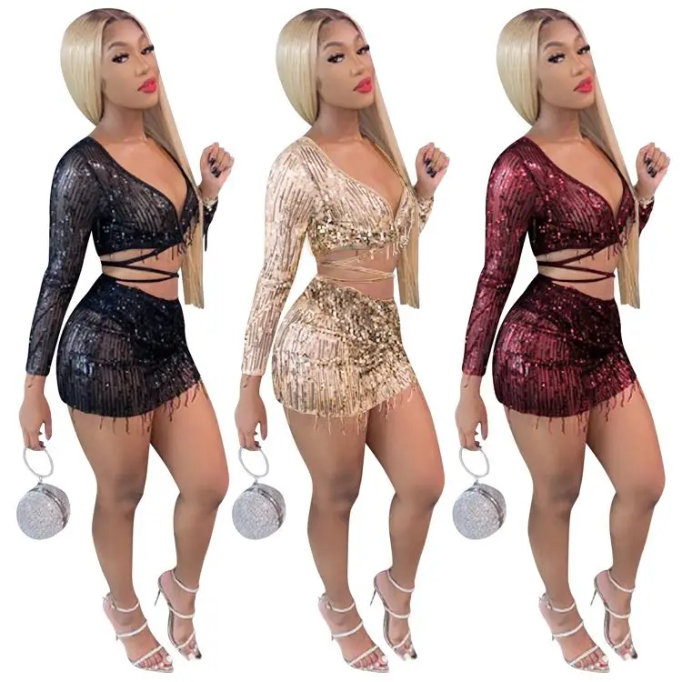 

Wholesale Fashion Sexy Night Clubwear Mesh Perspective Bandage Sequin Tassel Women Sexy Two Piece Skirt Sets 2 Piece Set