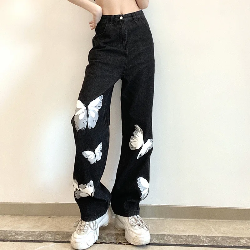 

2021 Pants Women High Waisted Korean Straight Jeans Fashion Streetwear Ladies Pockets Trouser Butterfly Printed Vintage Denim