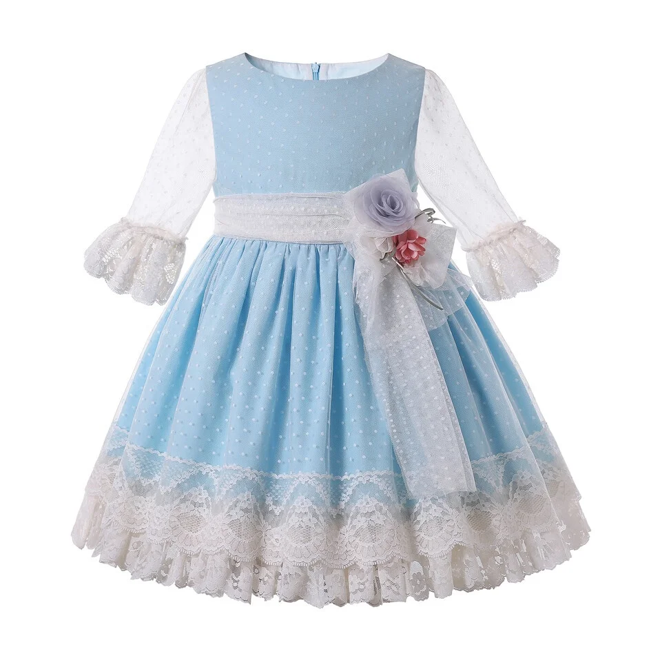 

Pettigirl New Design Summer Dress O-neck Gorgeous Flower Girl Blue Easter Princess Dresses for Girls