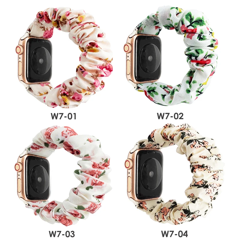 

2021 fashion elastic scrunchie iwatch band for apple watch, floral print wrist replacement strap for iWatch 44mm 42mm 40mm 38mm, Multi-color for option