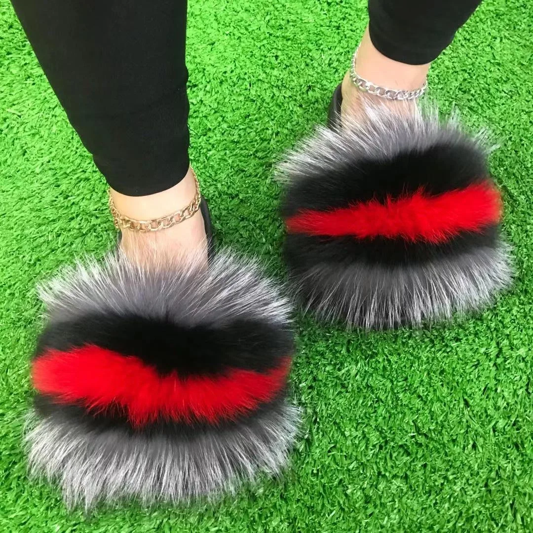 

Wholesale fashion lady fur slippers raccoon fur slippers with siver sole big fluffy raccoon fur women slides sandal slipper, Color matching or can be customized according to requirements