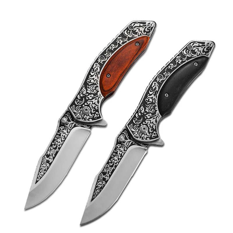 

Wholesale outdoor field fold self defense survival camping wooden blank pocket knife with flower texture carving