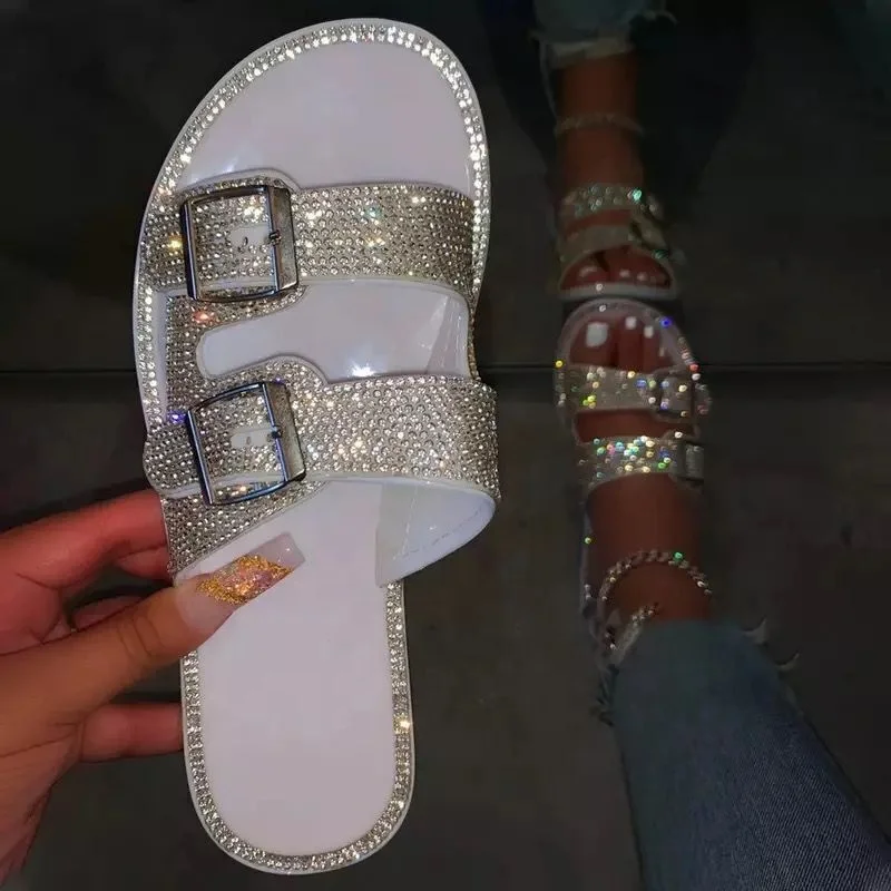 

wholesale ladies sandal with rhinestone for women latest sexy slippers bling footwear slides flat casual sandals, 4 color options