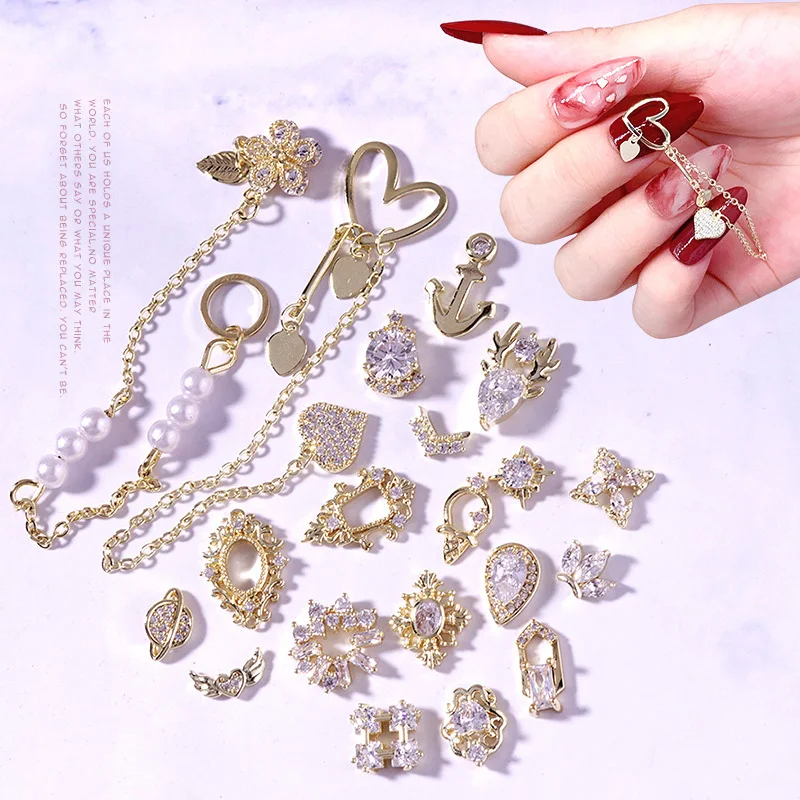 

Wholesale Luxury Copper Cubic Zircon 3D Nail Arts decorated gold plated Color Pearl Floral Love Heart Nail Sticker for Women