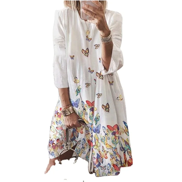 

Winter Cross Border Popular Retro Printed O-neck Dress for Women