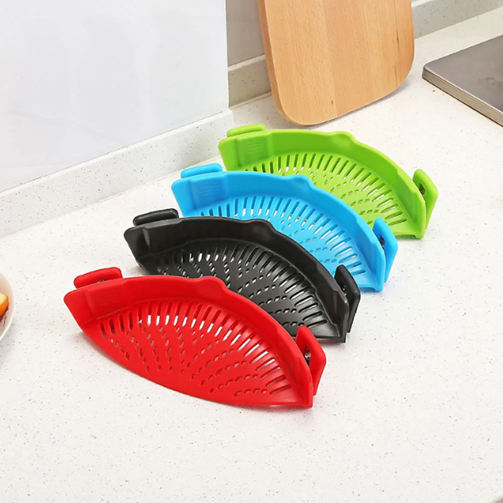 

Kitchen Silicone Anti-leak Noodles Fruits and vegetables Filter Water Drainage Leakproof baffle Pot Side Drainer, Red/sky blue/green/blake/blue