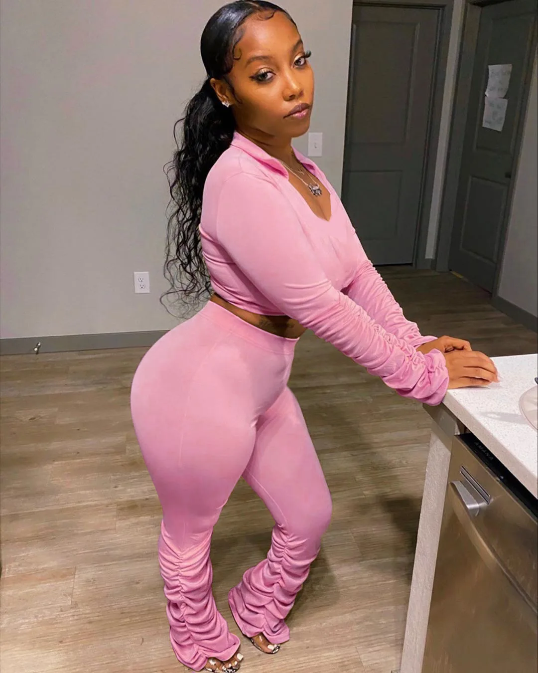 

Plus size women clothing 2021 autumn Apparel Clothing V Neck Solid Color Two Piece Outfits Ruched Long Sleeve Stacked Pants Set, Picture shows