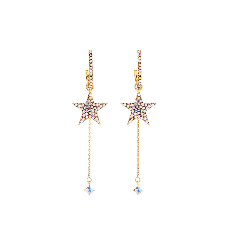 

f0015 925 Silver Post Crystal Star Pendant Earrings Star Fashion Jewelry Dangle Earrings, Gold