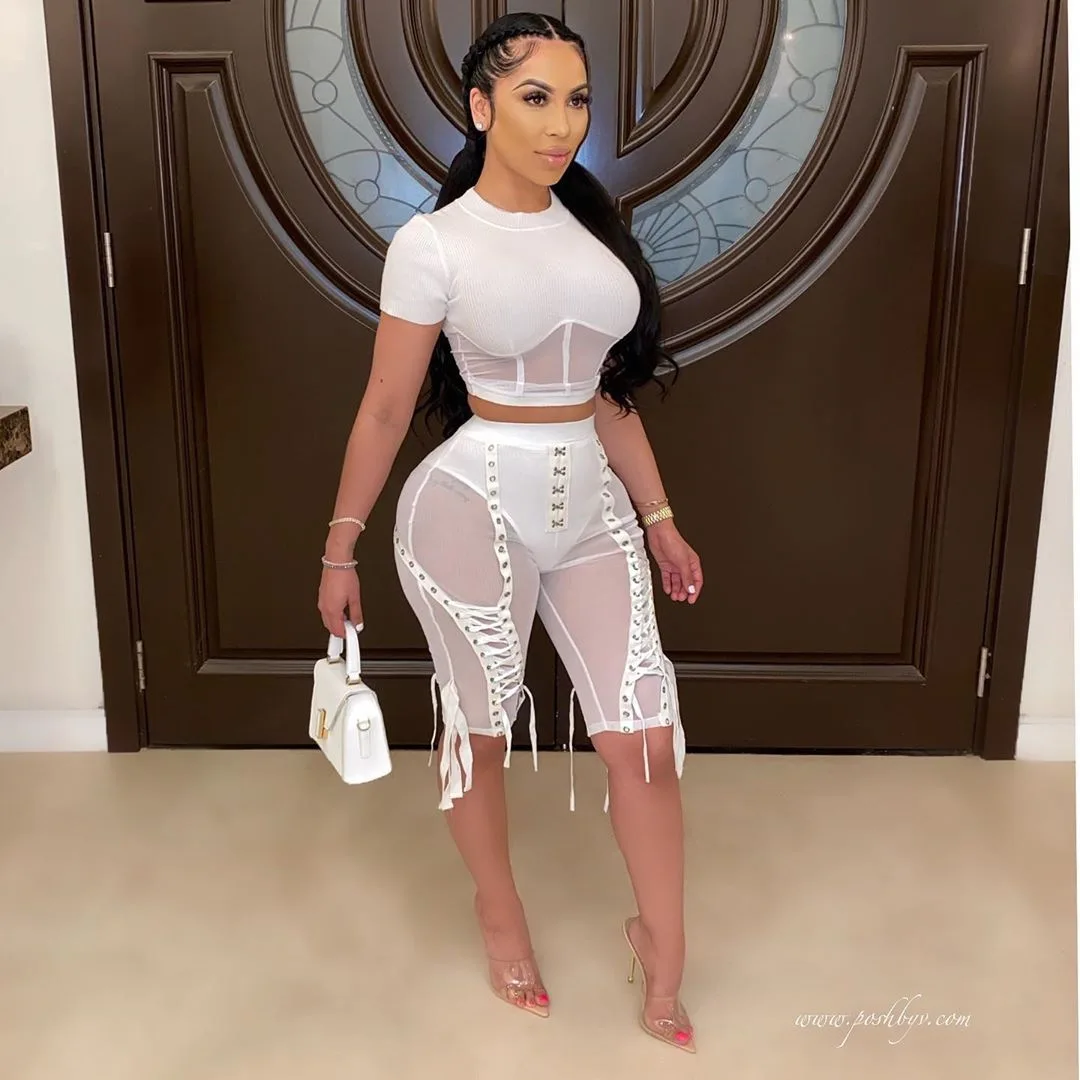 

Ladies Sexy Trendy bodycon trousers women high waist mesh see through shorts eyelets strings lace up club stretch tight pants