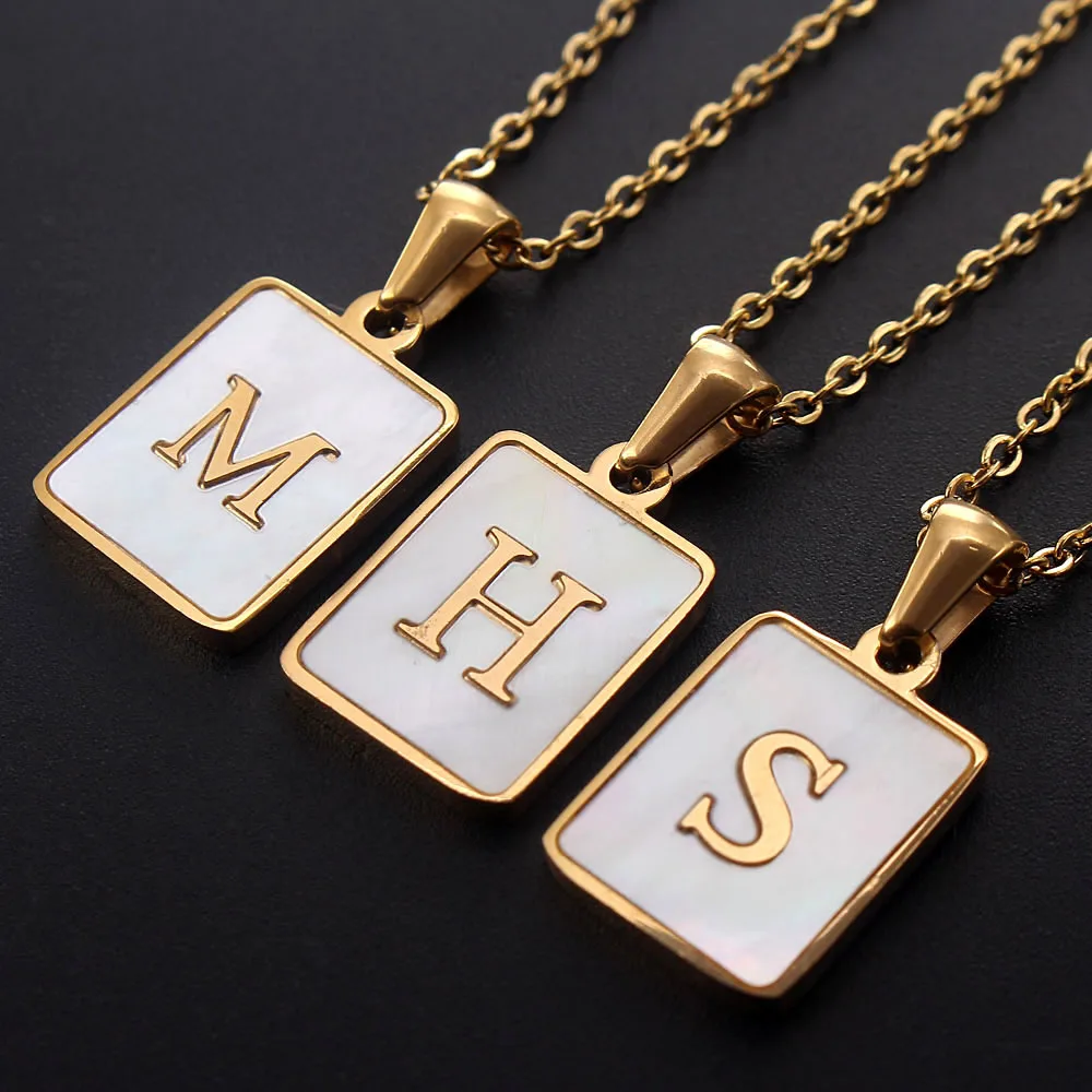 

MHS.SUN Wholesale Rectangle Shell 26 Letter Pendant Necklace Fashion Women/Men Stainless Steel Jewelry Alphabet Chain choker, Gold