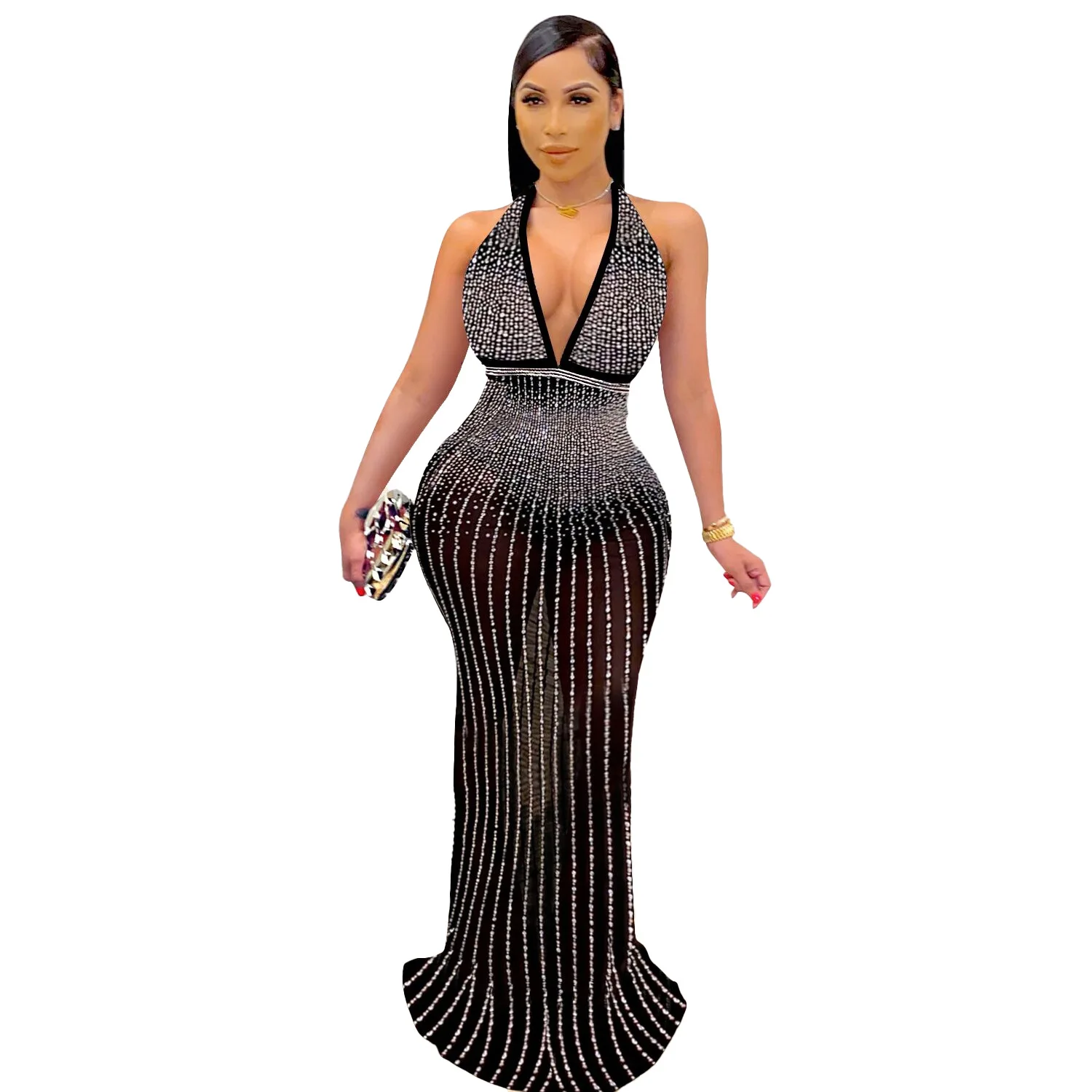 

Women Sexy Hot Drill Sleeveless Halter Perspective Slim Dress Gown Sparkle Backless Sequins long Dresses Outfits Club wear