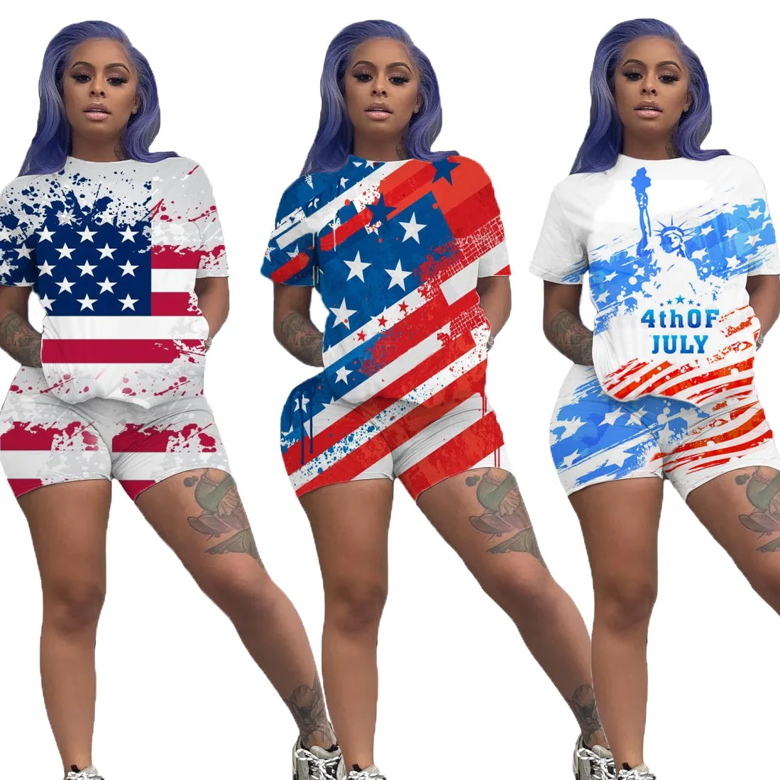 

F21341A 2020 new design America Independence Day National Day printed short sleeve women two-piece set women set, #1,#2,#3