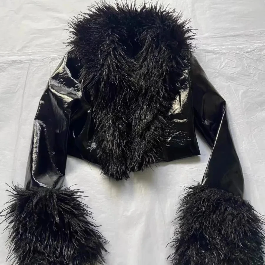 

OUDINA New Arrivals Wholesale Unique Black PU Varsity Jackets Fur Ostrich Feather Top For Women Leather Jacket