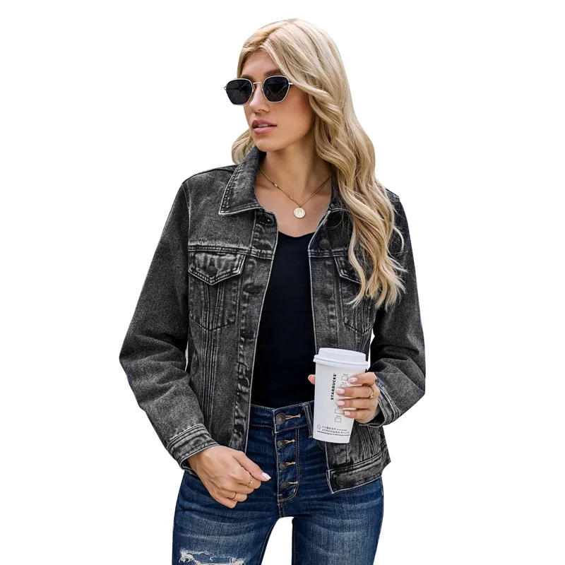 

Wholesale Fall Casual Stylish Women Black Wash Long Denim Jacket