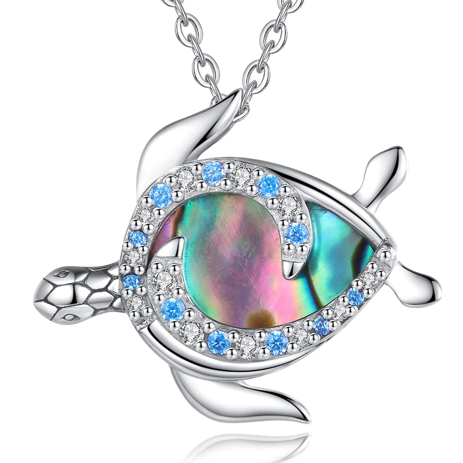 

Blue Cubic Zirconia 925 Sterling Silver Colorful Sea Shell Abalone Shell Sea Turtle Pendant Necklace