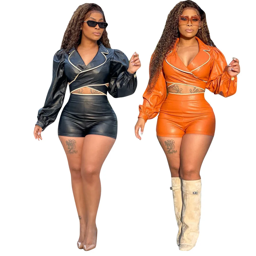 

Long Sleeve Crop Top High Waist Shorts 2 Piece PU Set Solid Leather Outfit Streetwear Women Leather Shorts Set 2022 Spring
